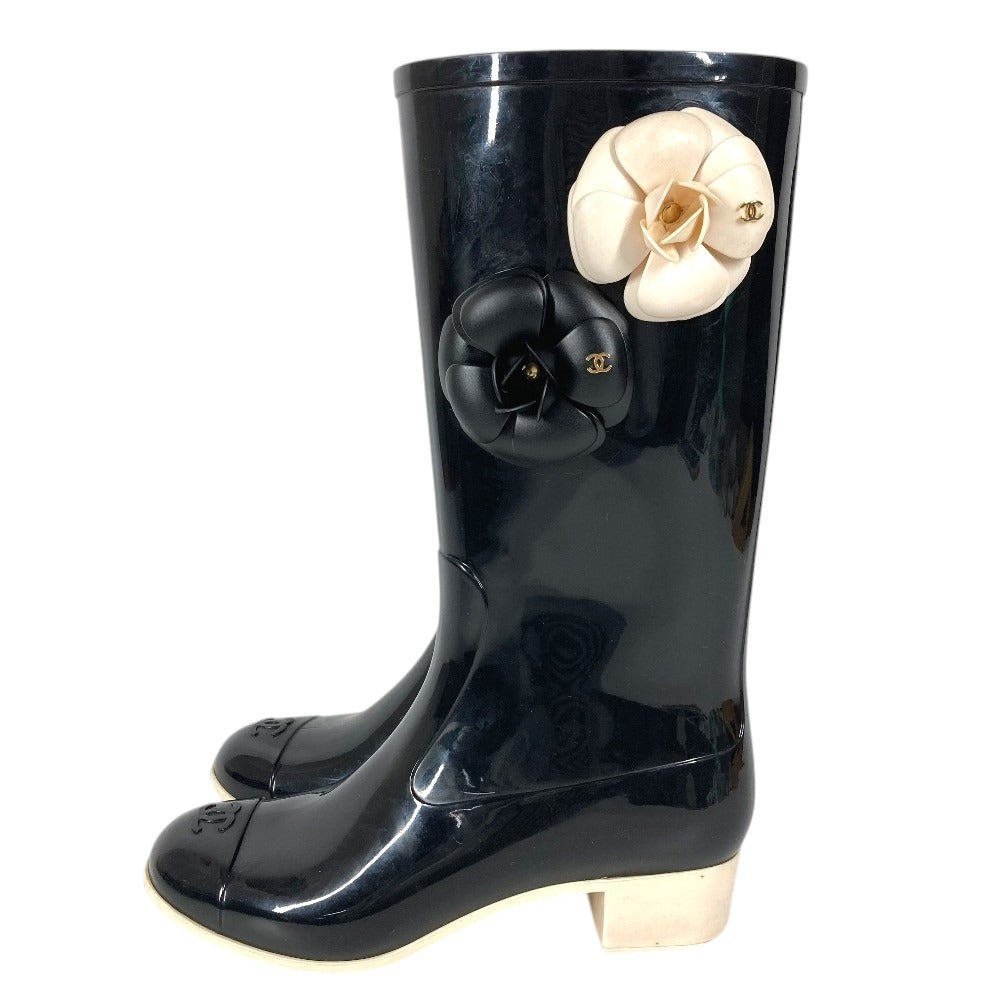 CHANEL G26648 カメリア CC ココマーク ロゴ レインブーツ 長靴 ロング 雨 靴 シューズ レインシューズ ラバー レディース ブラック