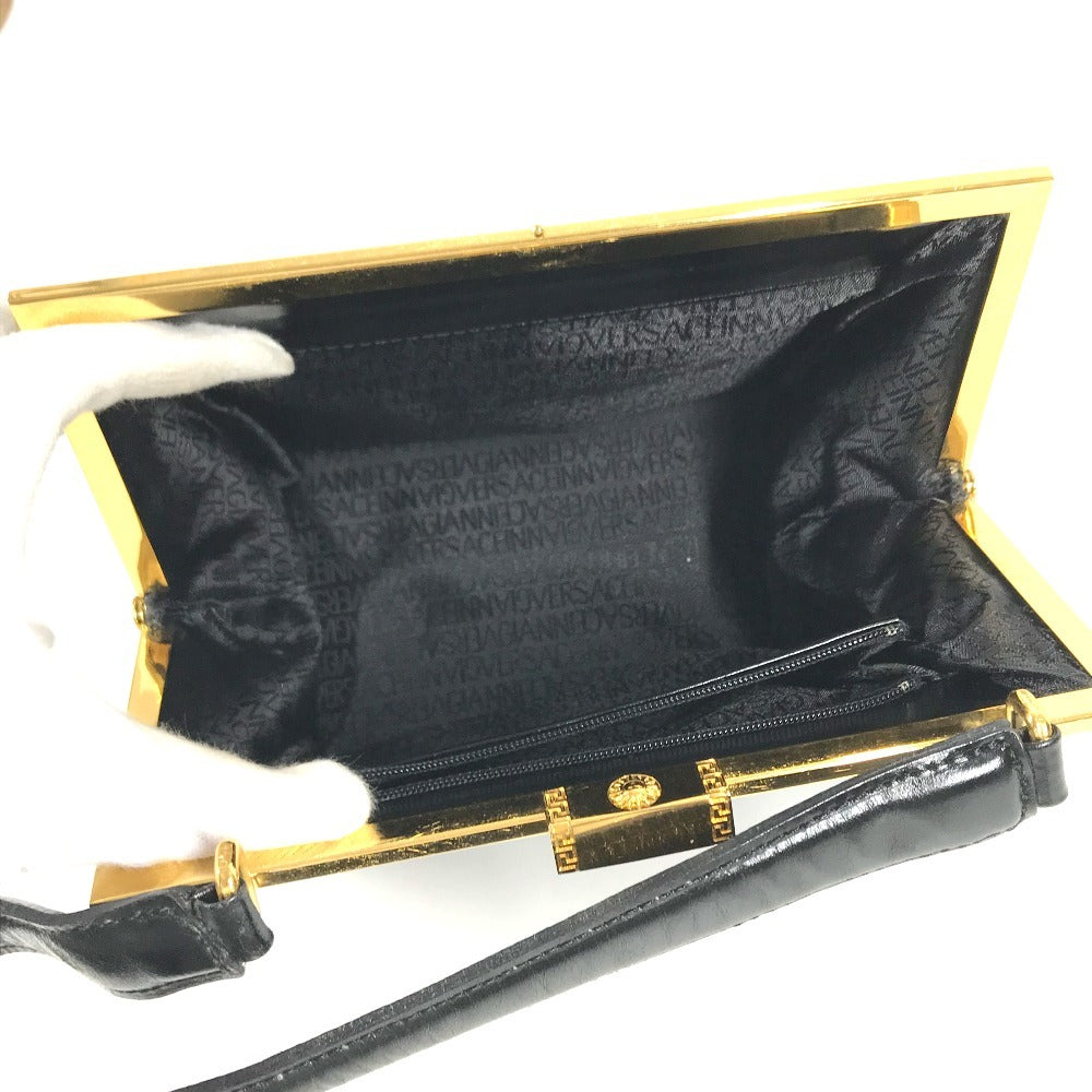VERSACE ヴィンテージ サンバースト ロゴ カバン ハンドバッグ 肩掛け チャーム キーホルダー付き ショルダーバッグ レザー ユニセックス ブラック