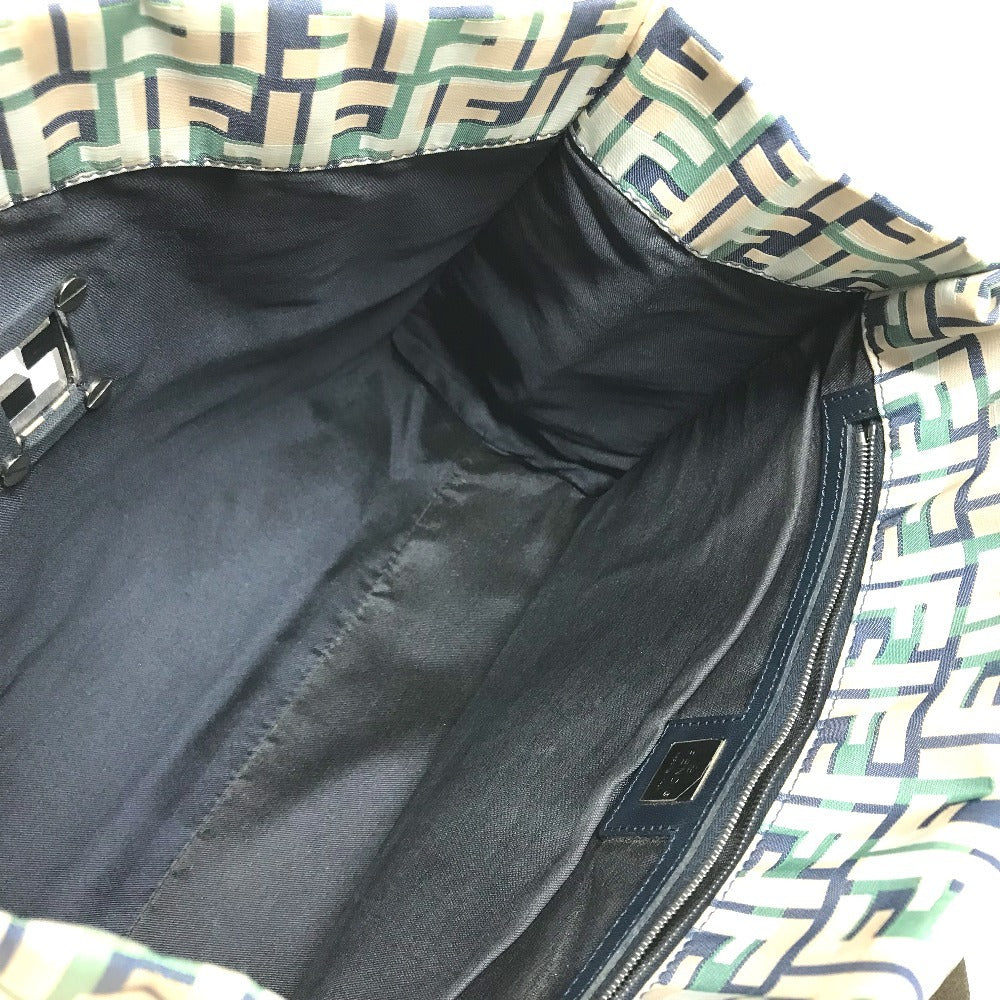 FENDI logo Bag Tote Bag shawl Shoulder Bag Leather/Canvas Green/Beige x blue Used