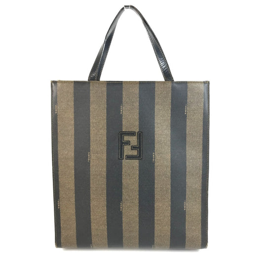 FENDI vintage Pecan Logo Stripe Tote Bag Vertical Tote Hand Bag PVC/Leather khaki Used