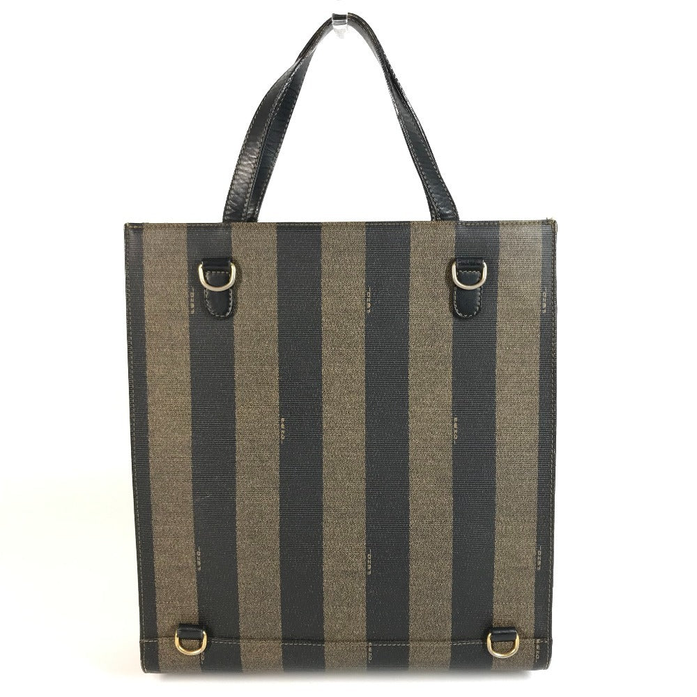 FENDI vintage Pecan Logo Stripe Tote Bag Vertical Tote Hand Bag PVC/Leather khaki Used