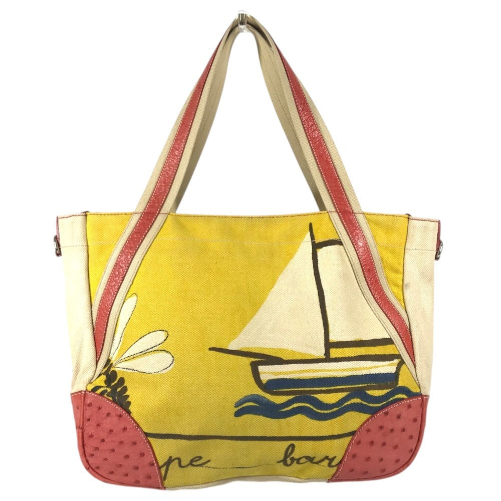 PRADA Logo Shoulder Bag Tote Bag Leather/Canvas yellow/Red x Beige Used