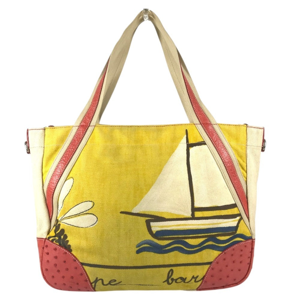 PRADA Logo Shoulder Bag Tote Bag Leather/Canvas yellow/Red x Beige Used