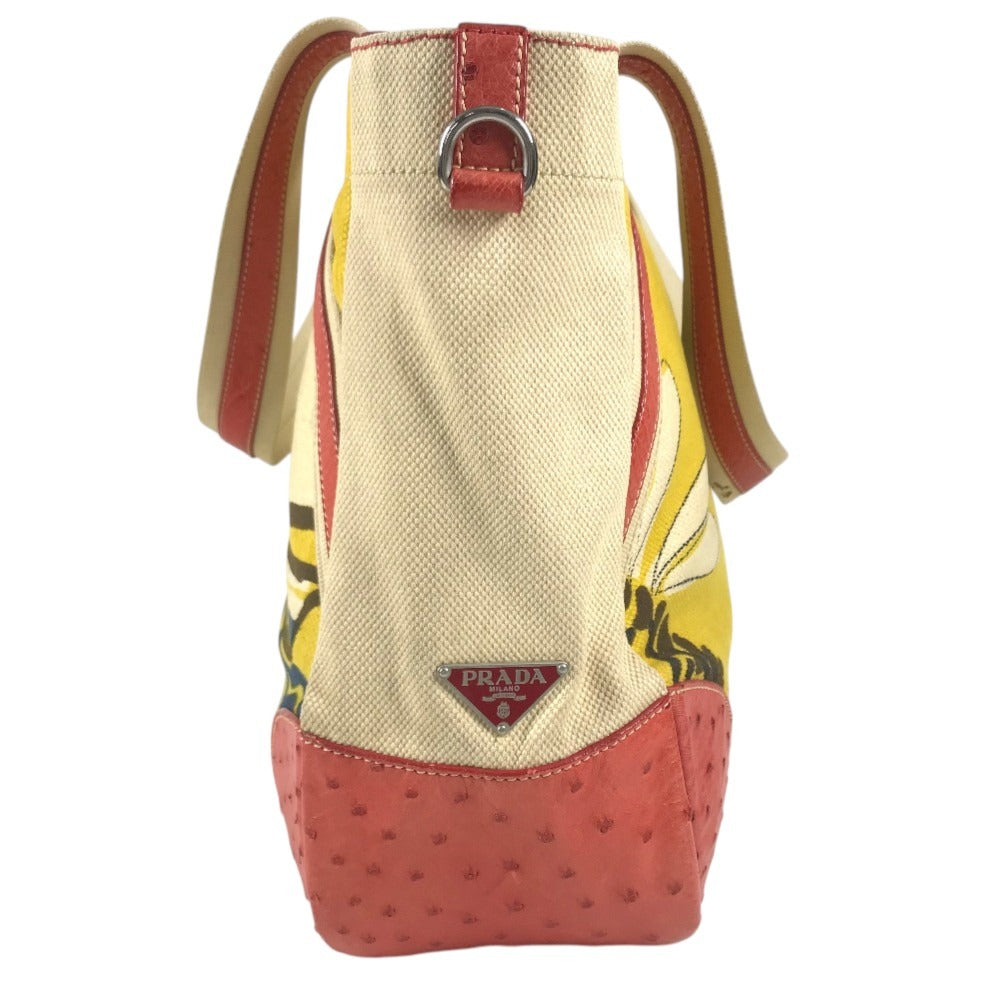 PRADA Logo Shoulder Bag Tote Bag Leather/Canvas yellow/Red x Beige Used