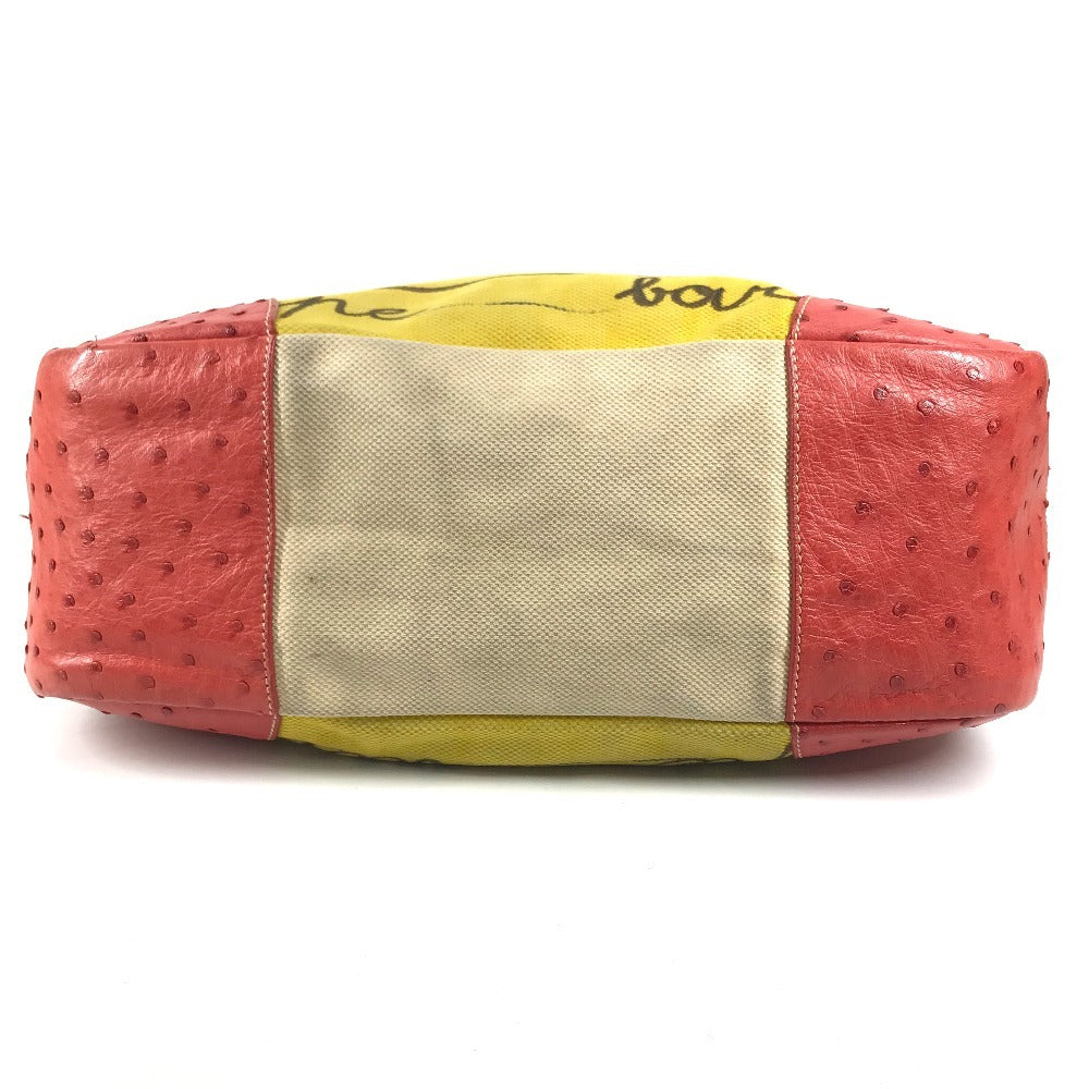 PRADA Logo Shoulder Bag Tote Bag Leather/Canvas yellow/Red x Beige Used