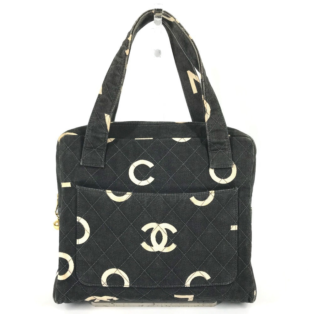 CHANEL vintage CC Mark logo quilted all-over pattern Bag Tote Bag Hand Bag Canvas Black/White Used