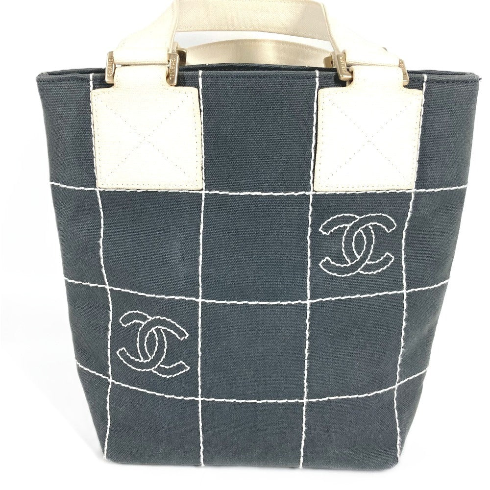 CHANEL CC CC Mark logo chocolate bar Bag Hand Bag Bicolor Tote Bag Canvas gray/White Used