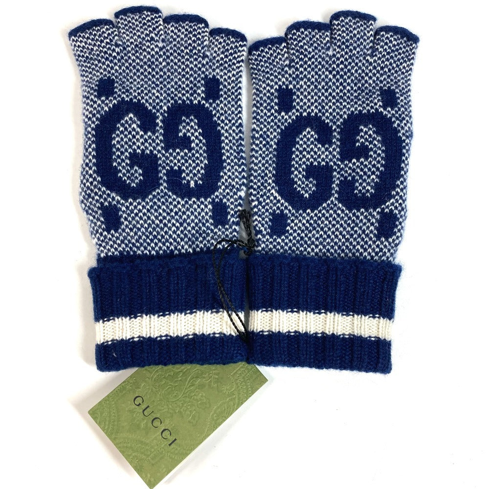 GUCCI 726586 ロゴ GG フィンガーレス グローブ アクセサリー ニット 手袋 カシミヤ レディース ネイビー