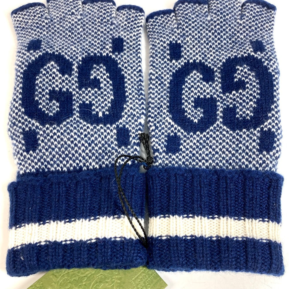 GUCCI 726586 ロゴ GG フィンガーレス グローブ アクセサリー ニット 手袋 カシミヤ レディース ネイビー