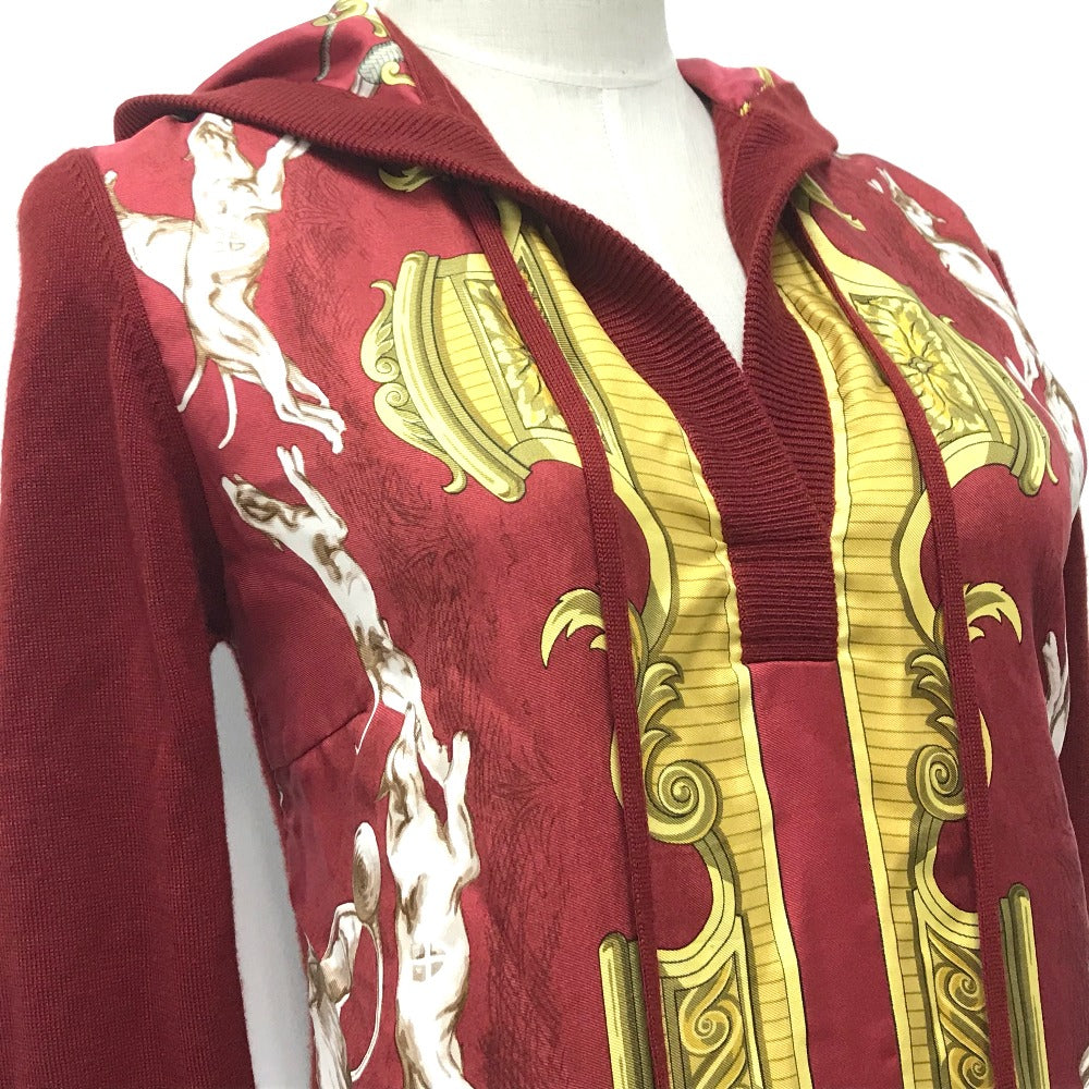 HERMES all-over print hooded knit top with silk accents, cashmere, and a cashmere-blend jacket. Available in red and yellow.