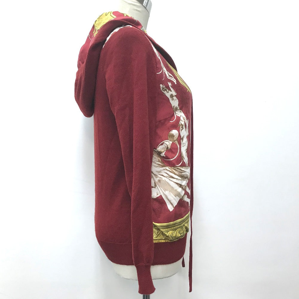 HERMES all-over print hooded knit top with silk accents, cashmere, and a cashmere-blend jacket. Available in red and yellow.