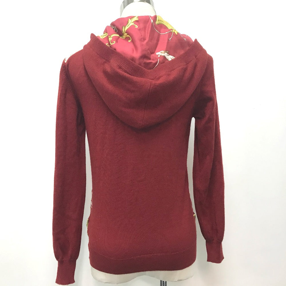 HERMES all-over print hooded knit top with silk accents, cashmere, and a cashmere-blend jacket. Available in red and yellow.