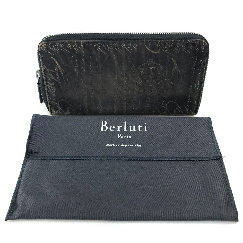 Berluti Calligraphy Round Zip Venetian Leather Long Wallet for Men, Brown and Dark Brown