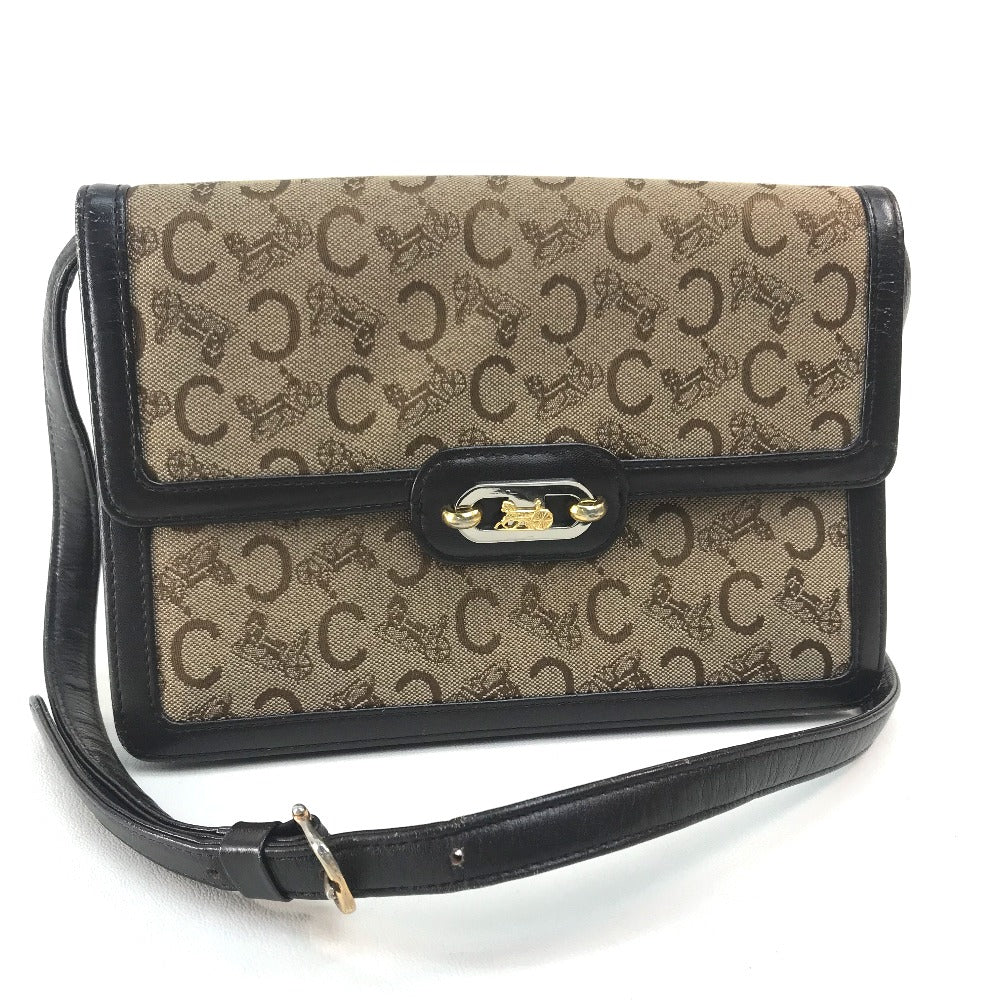CELINE 馬車金具 ロゴ ヴィンテージ カバン オールド ショルダーバッグ キャンバス/レザー レディース ベージュ×ダークブラウン