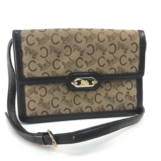 CELINE 馬車金具 ロゴ ヴィンテージ カバン オールド ショルダーバッグ キャンバス/レザー レディース ベージュ×ダークブラウン