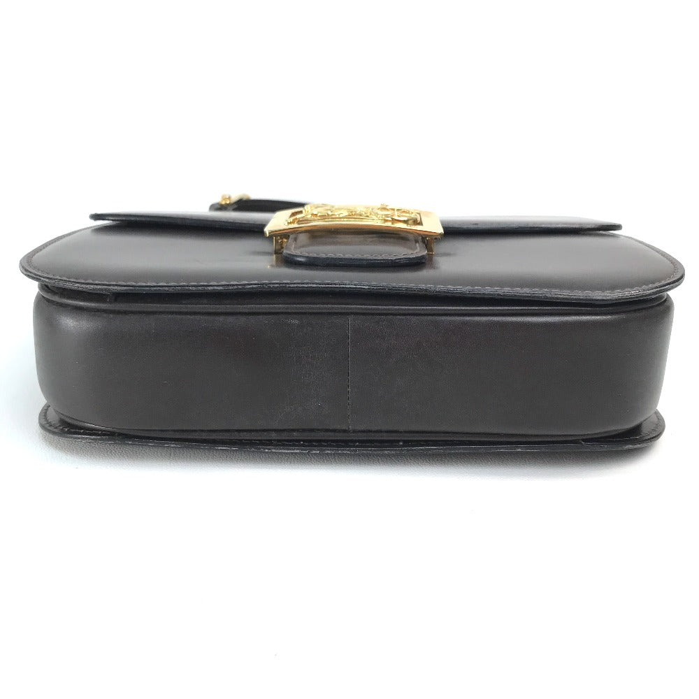 CELINE Vintage Carriage Hardware Shoulder Bag, Leather, Women's, Dark Brown with Gold Hardware