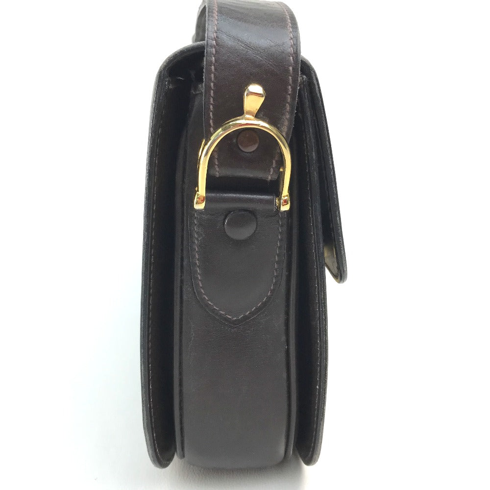 CELINE Vintage Carriage Hardware Shoulder Bag, Leather, Women's, Dark Brown with Gold Hardware