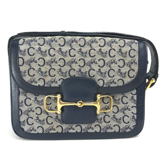 CELINE オールドセリーヌ C 馬車 モノグラム カバン ヴィンテージ ショルダーバッグ キャンバス/レザー レディース グレー×ネイビー