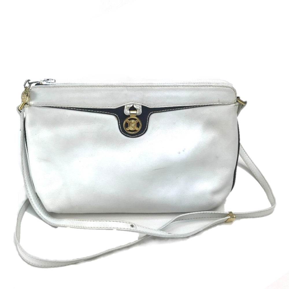 CELINE Logo Pochette Shoulder Bag in Leather, Women's, White with Gold Hardware