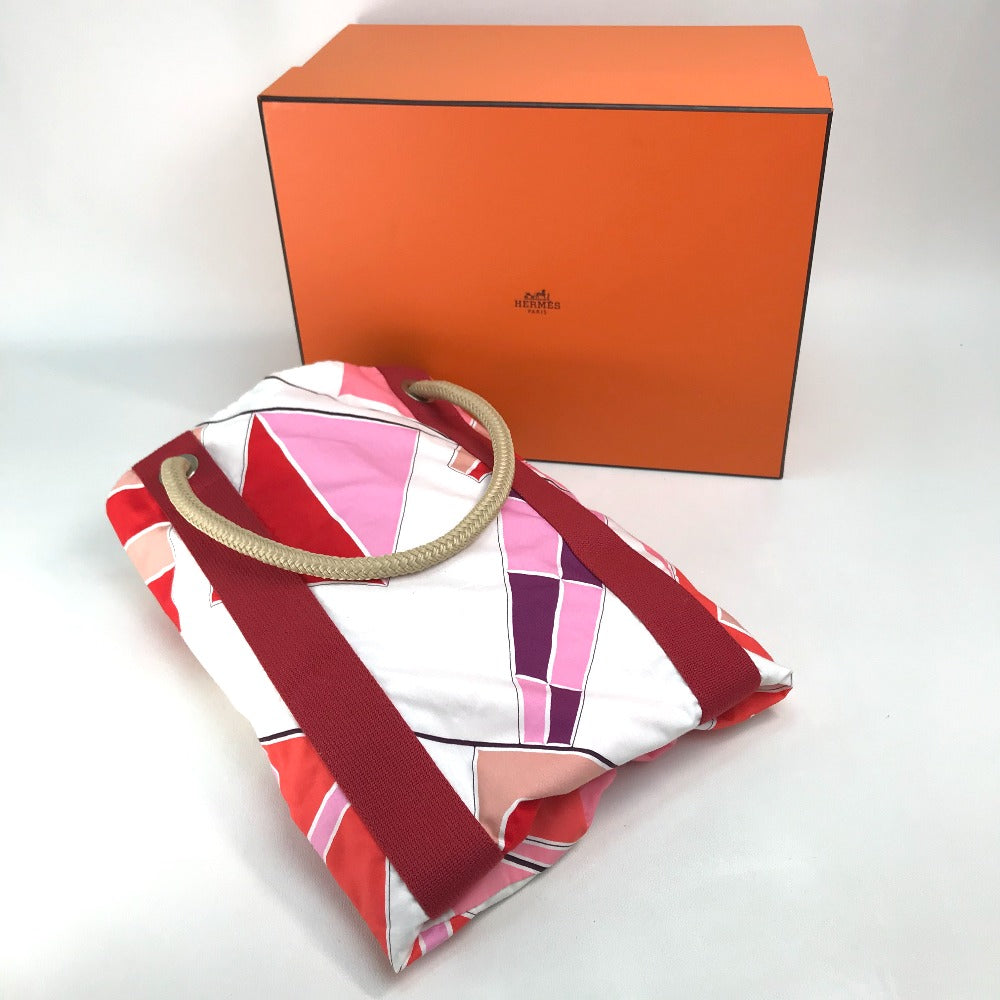 HERMES Cabas Drapeaux au Vent Beach Bag, Rope Handle Tote Bag, Cotton, Women's, Pink and Red