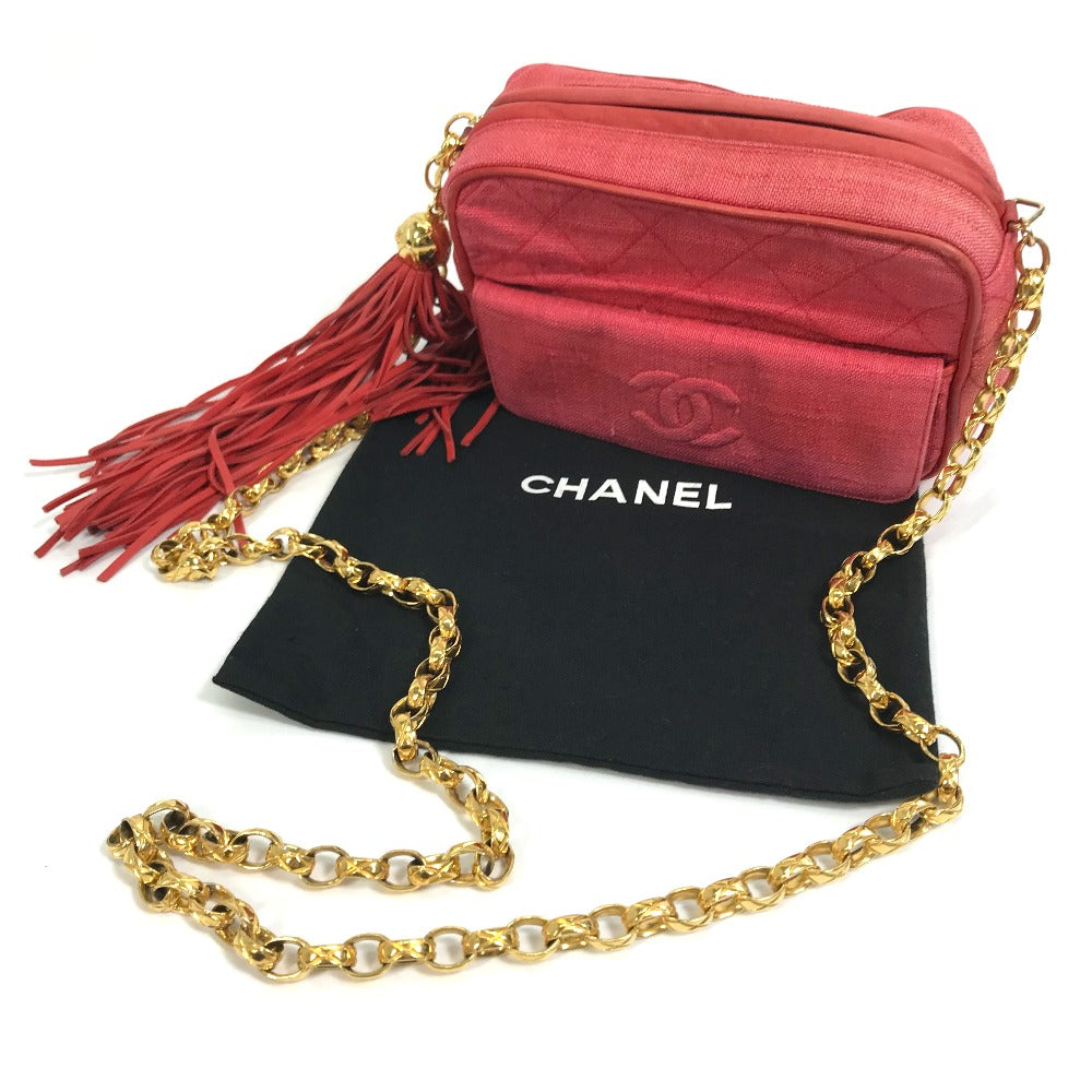 CHANEL CC Coco Mark Matelasse Quilted Fringe Tassel Canvas Shoulder Bag for Women, Red and Gold Hardware