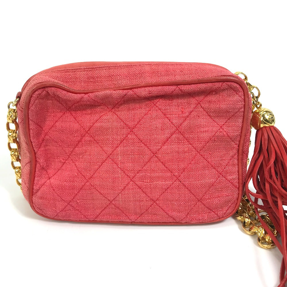 CHANEL CC Coco Mark Matelasse Quilted Fringe Tassel Canvas Shoulder Bag for Women, Red and Gold Hardware