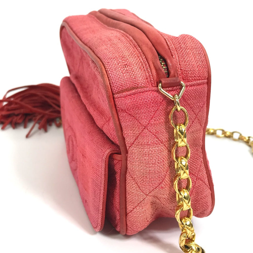 CHANEL CC Coco Mark Matelasse Quilted Fringe Tassel Canvas Shoulder Bag for Women, Red and Gold Hardware