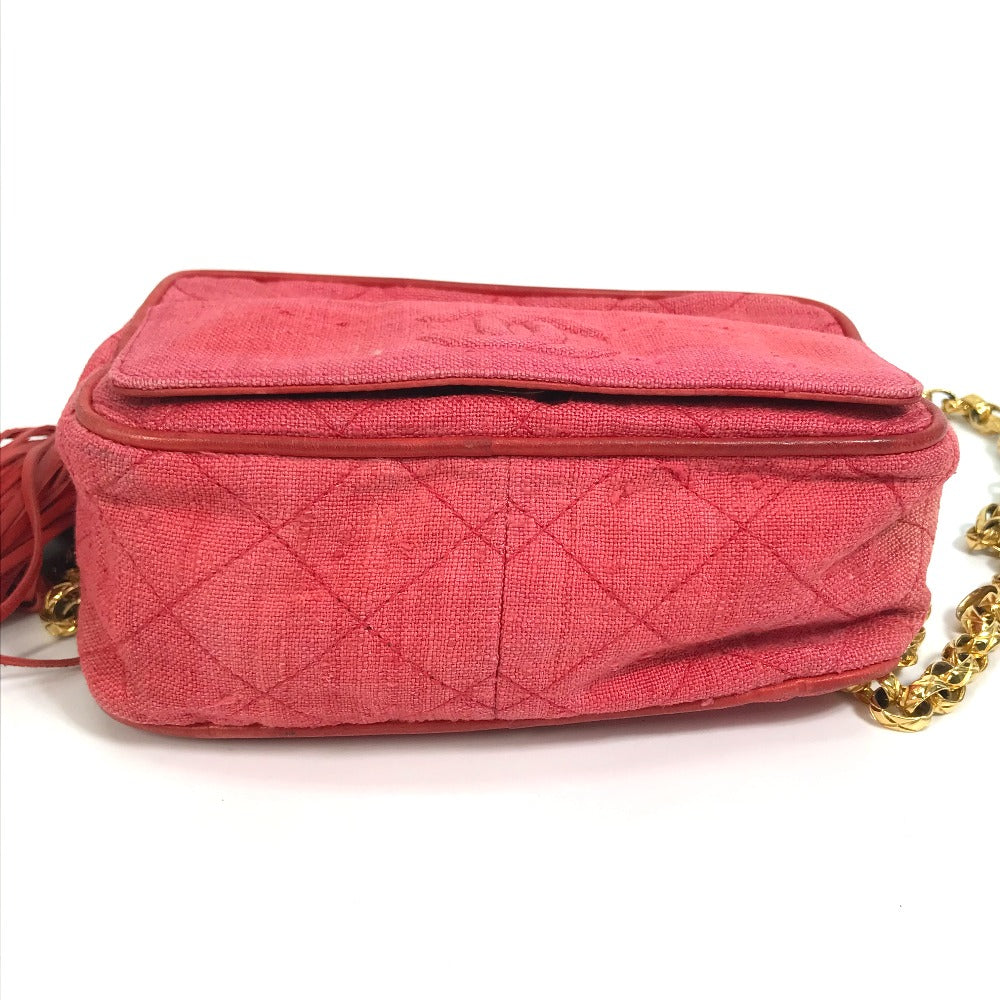 CHANEL CC Coco Mark Matelasse Quilted Fringe Tassel Canvas Shoulder Bag for Women, Red and Gold Hardware
