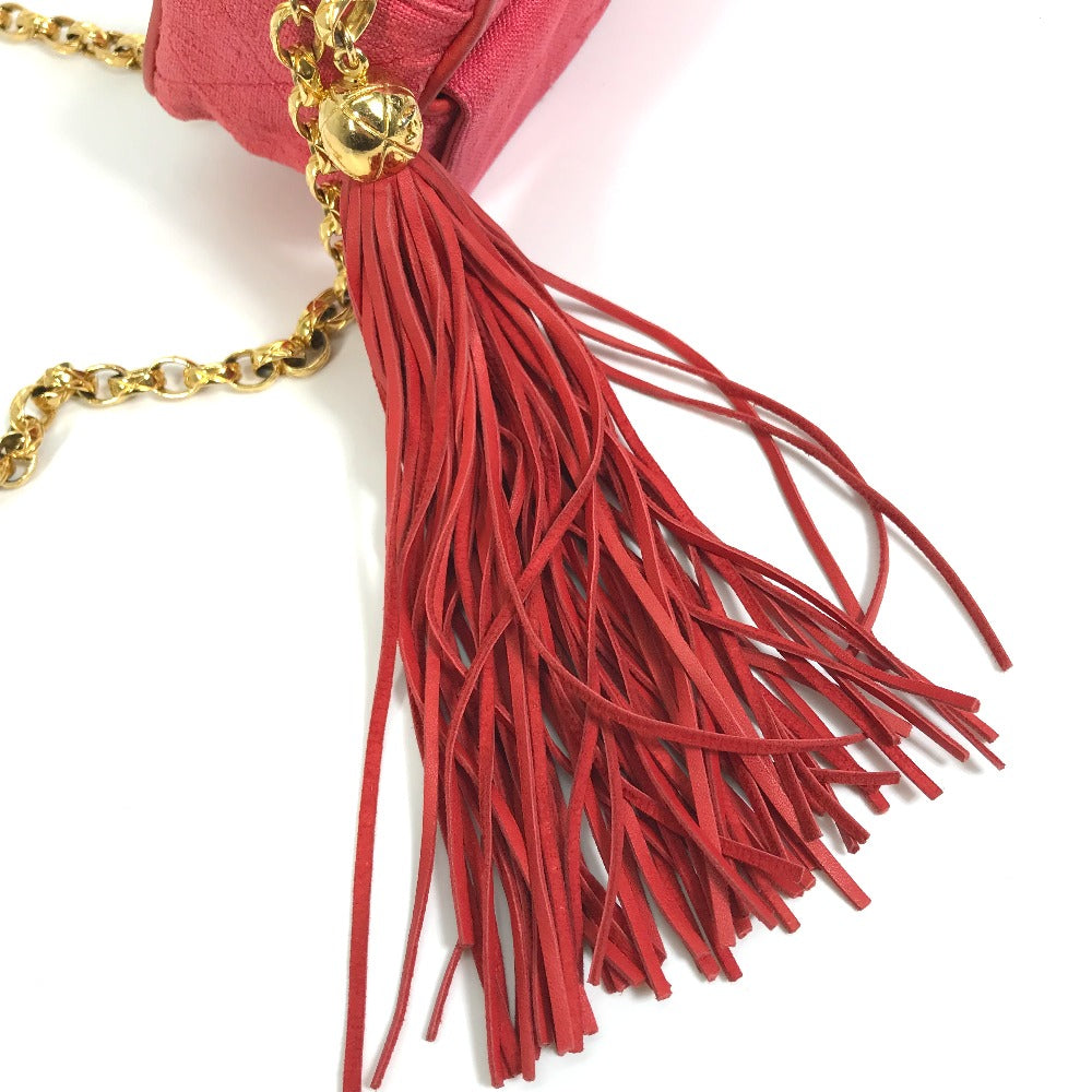 CHANEL CC Coco Mark Matelasse Quilted Fringe Tassel Canvas Shoulder Bag for Women, Red and Gold Hardware