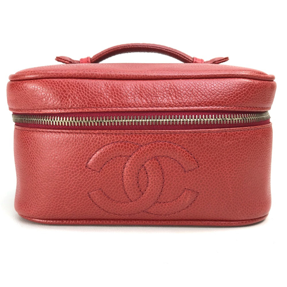 CHANEL CC Coco Mark Horizontal Cosmetic Pouch Handbag, Caviar Leather, Women's, Red and Gold Hardware