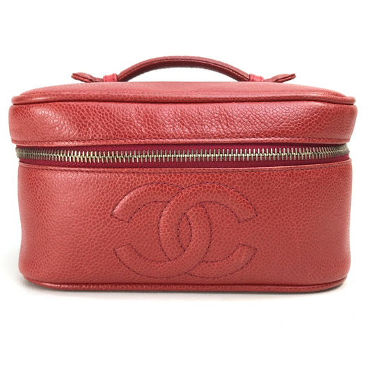 CHANEL CC ココマーク 横型 化粧ポーチ カバン ハンドバッグ ハンドバッグ キャビアスキン レディース レッド×ゴールド金具