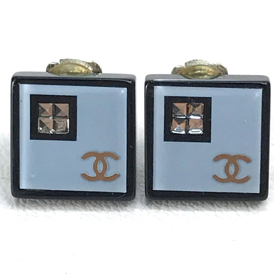 CHANEL CC Coco Mark Square Coco Rhinestone Earrings, Plastic, Women's, Light Blue