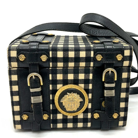 Gianni Versace メデューサ ギンガムチェック ヴィンテージ カバン ショルダーバッグ バニティバッグ レザー/キャンバス レディース ブラック×ホワイト