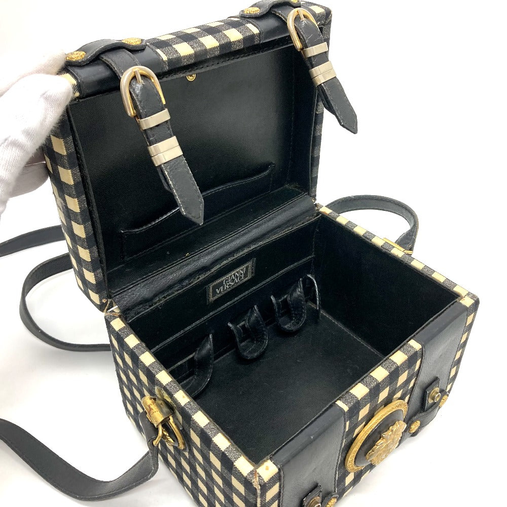 Gianni Versace メデューサ ギンガムチェック ヴィンテージ カバン ショルダーバッグ バニティバッグ レザー/キャンバス レディース ブラック×ホワイト