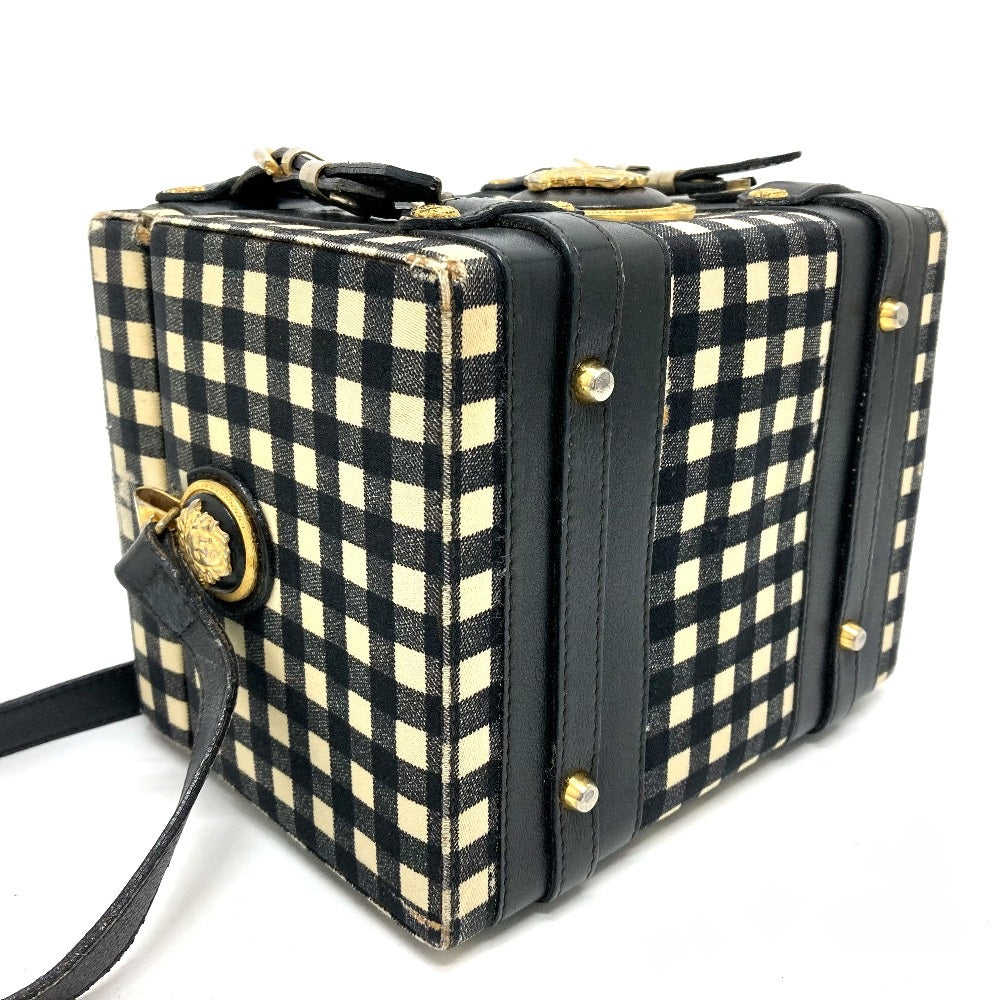 Gianni Versace メデューサ ギンガムチェック ヴィンテージ カバン ショルダーバッグ バニティバッグ レザー/キャンバス レディース ブラック×ホワイト