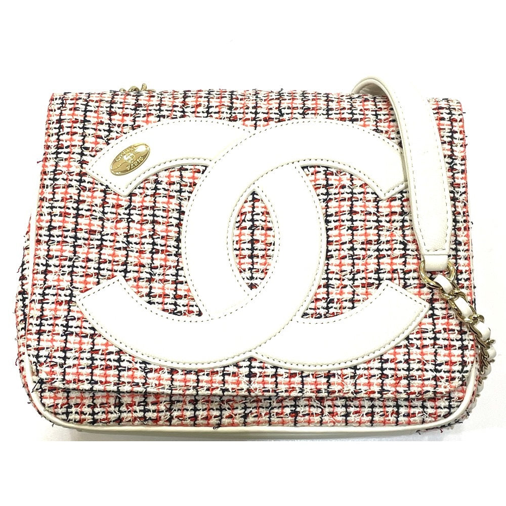 CHANEL CC Coco Mark Flap Pochette Bag Chain Shoulder Bag Leather Women's White x Red