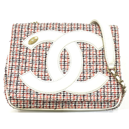 CHANEL CC ココマーク フラップ ポシェット カバン チェーン ショルダーバッグ レザー レディース ホワイト×レッド