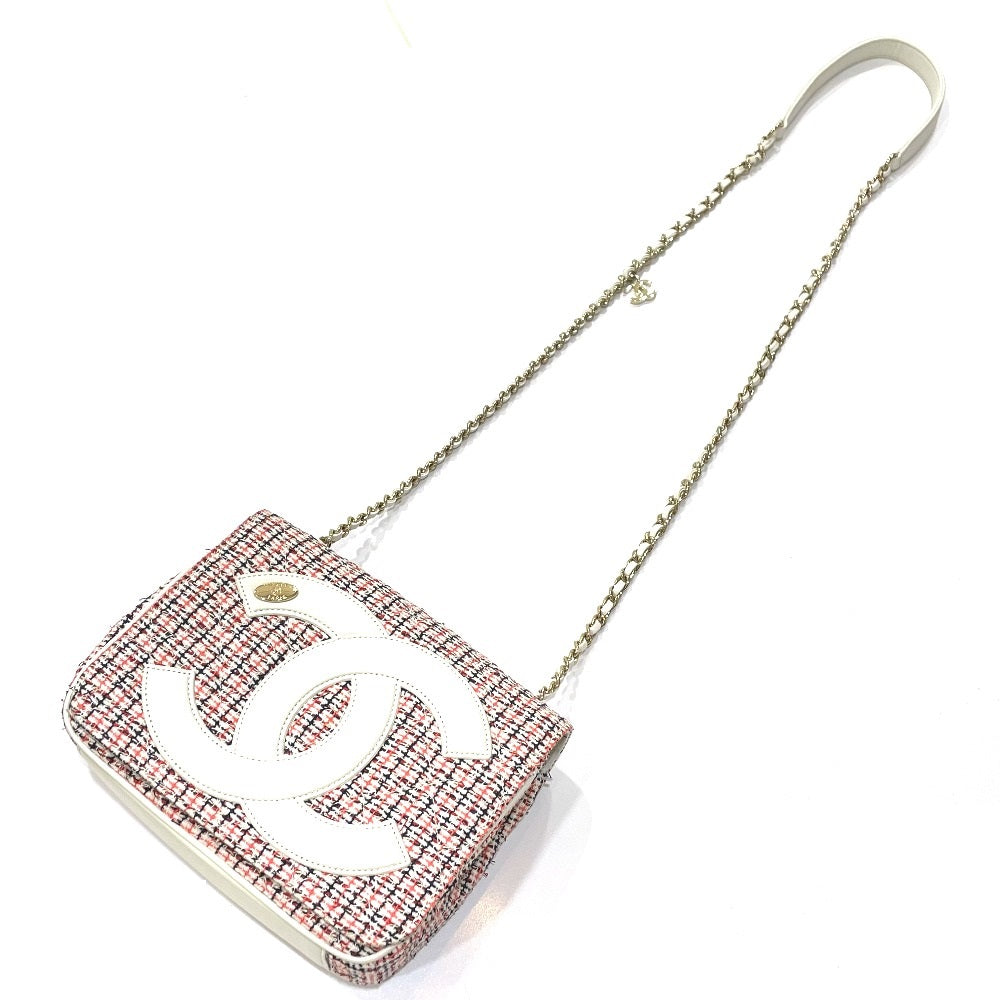 CHANEL CC Coco Mark Flap Pochette Bag Chain Shoulder Bag Leather Women's White x Red