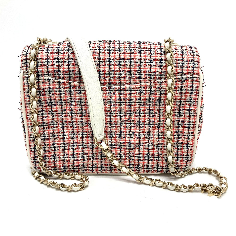 CHANEL CC Coco Mark Flap Pochette Bag Chain Shoulder Bag Leather Women's White x Red
