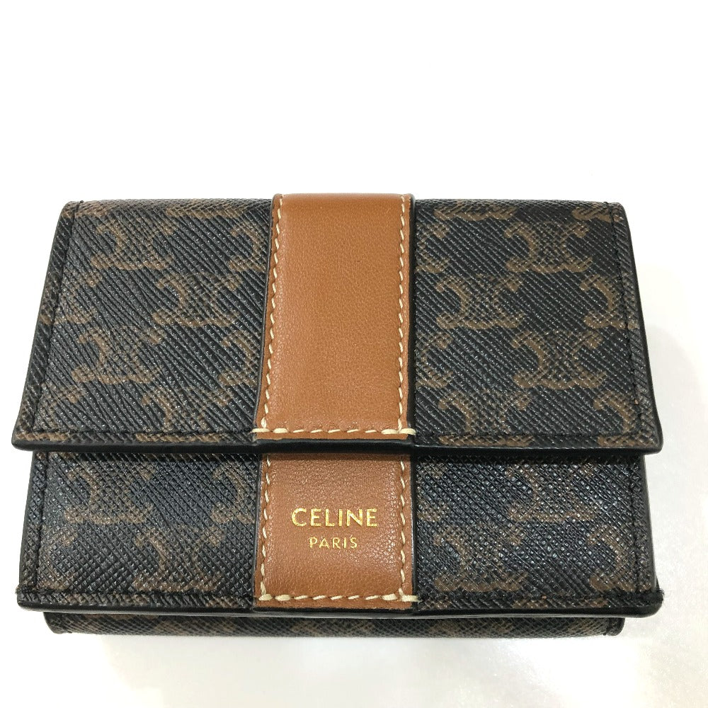 CELINE Triomphe Small Trifold Compact Wallet, PVC/Leather, Women's, Brown