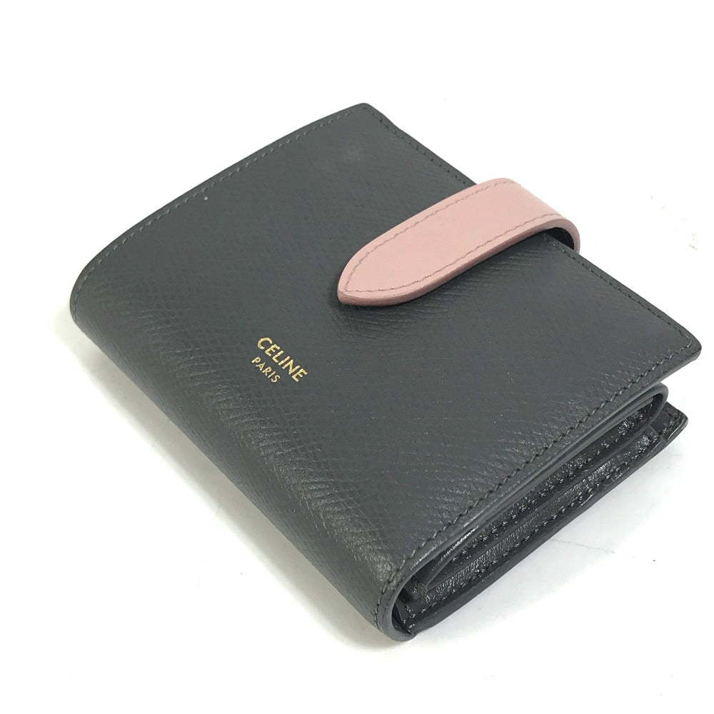 CELINE 10H263BRU.10GV バイカラー スモール ストラップ ウォレット コンパクト 3つ折り財布 レザー レディース グレー×ピンク