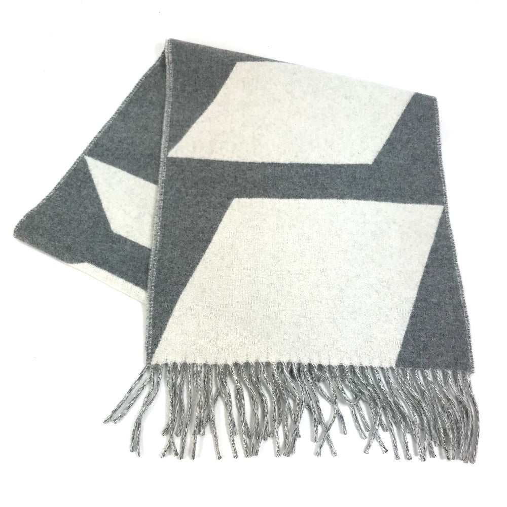 HERMES Kazak Optic Fringe Two-Tone Cashmere Scarf, Women's, Gray and White