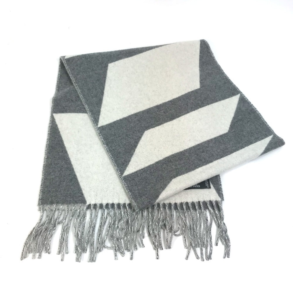 HERMES Kazak Optic Fringe Two-Tone Cashmere Scarf, Women's, Gray and White