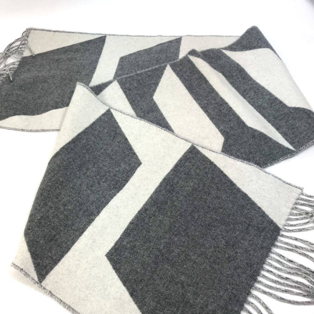 HERMES Kazak Optic Fringe Two-Tone Cashmere Scarf, Women's, Gray and White