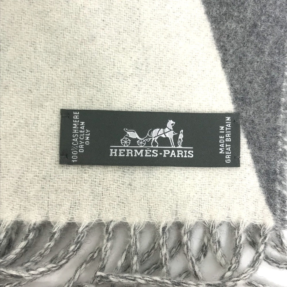 HERMES Kazak Optic Fringe Two-Tone Cashmere Scarf, Women's, Gray and White