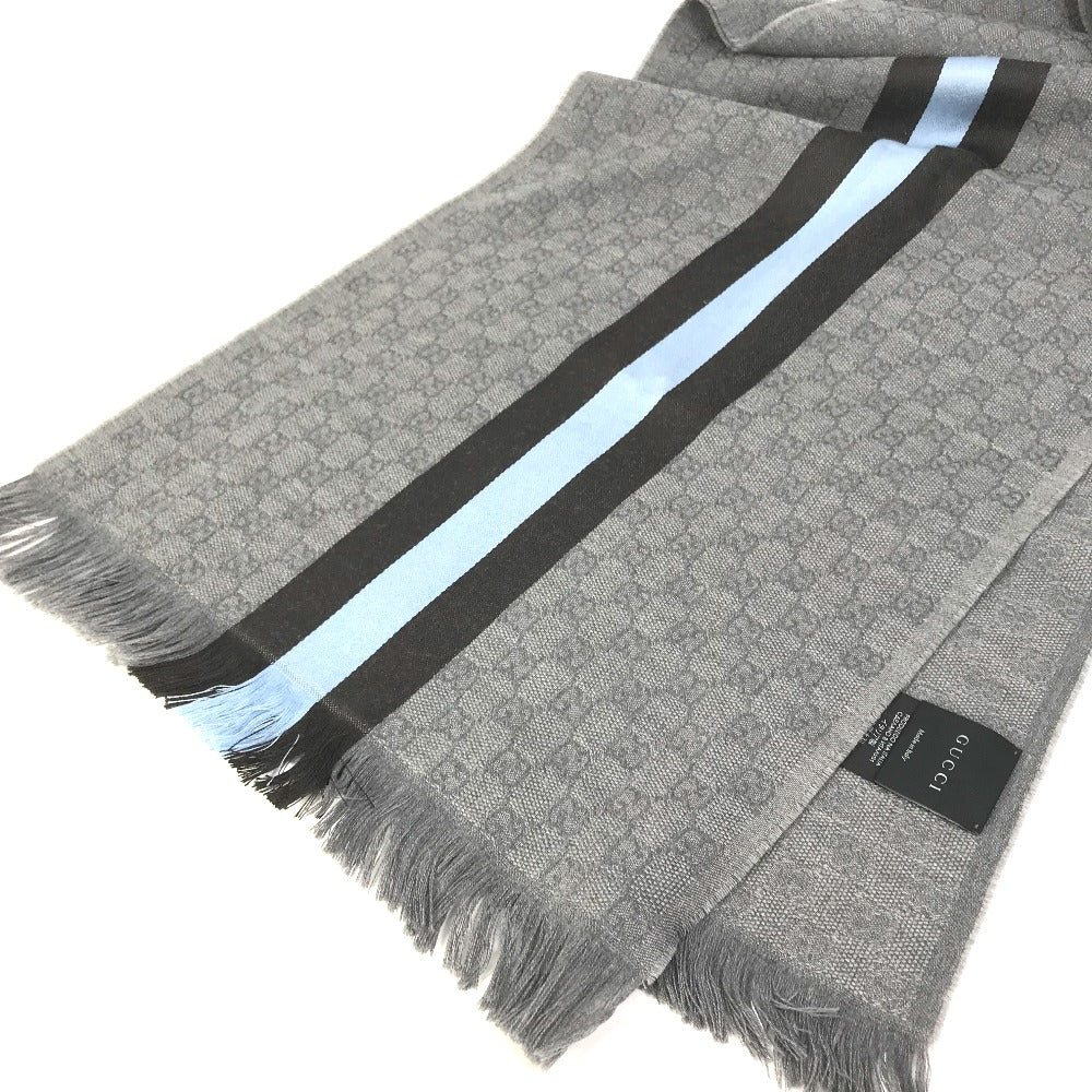 GUCCI 542984 GG フリンジ マフラー ウール メンズ グレー×ブルー×ブラック