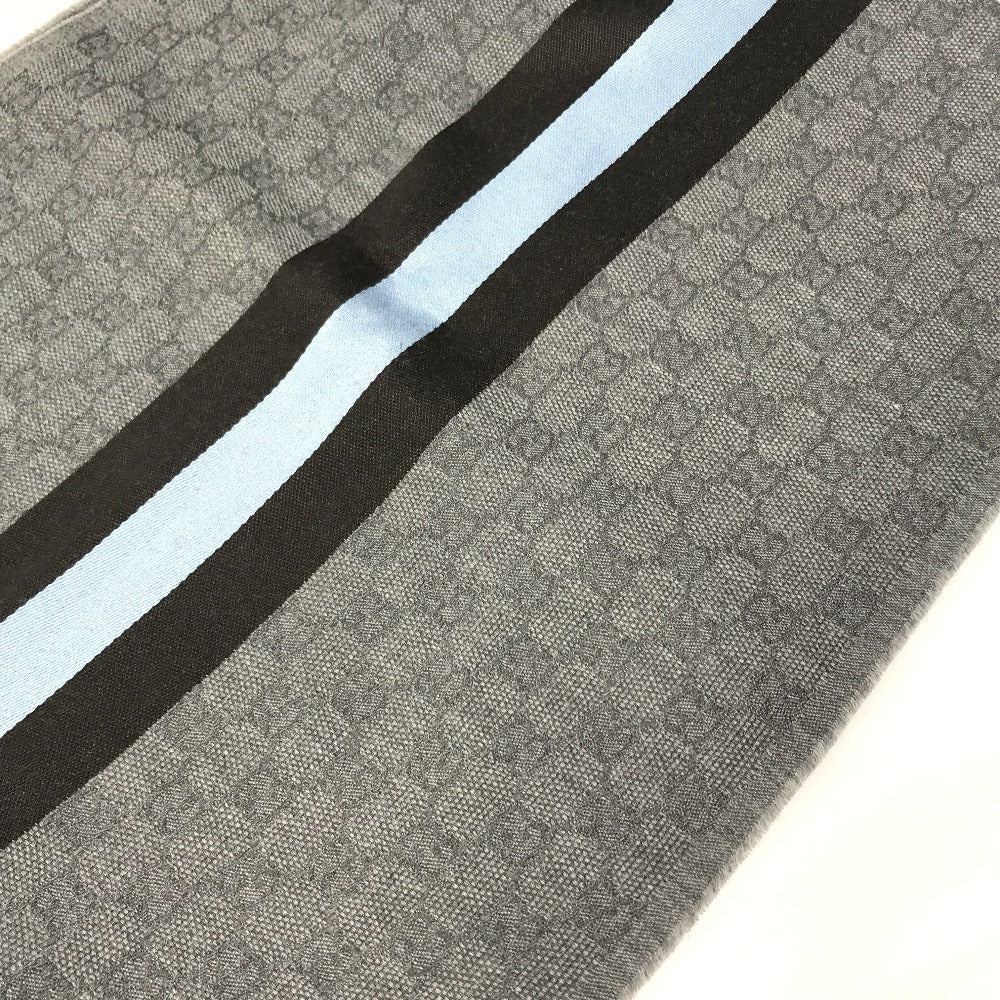 GUCCI 542984 GG フリンジ マフラー ウール メンズ グレー×ブルー×ブラック