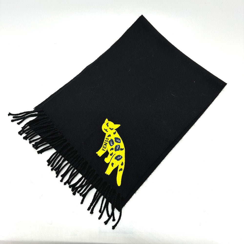 FENDI fringed leopard motif wool scarf for women in black