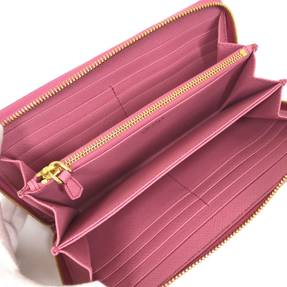 PRADA 1ML506 Logo Saffiano Shine Round Zip Long Wallet in Saffiano Leather, Women's, BEGONIA Pink