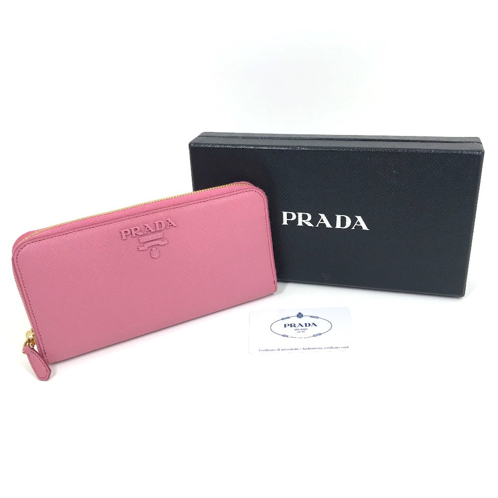 PRADA 1ML506 Logo Saffiano Shine Round Zip Long Wallet in Saffiano Leather, Women's, BEGONIA Pink